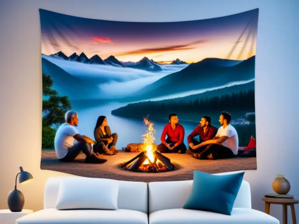 Tapestry de ancianos y niños junto al fuego bajo un cielo estrellado, reflejando narrativas orales en homestays culturales