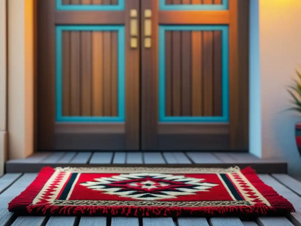 Tapete de bienvenida tradicional con colores vibrantes y patrones intrincados frente a una puerta de homestay de madera rústica