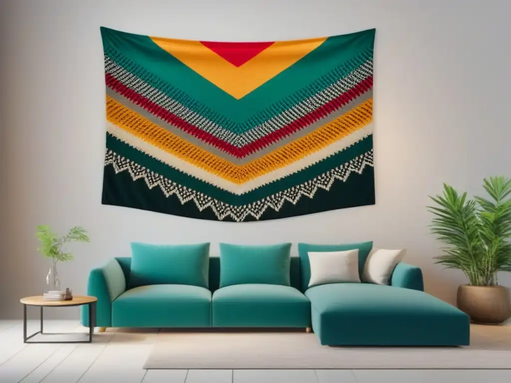 Tapiz artesanal vibrante entrelazando tradición y modernidad Un tapiz intricado tejido a mano con colores vibrantes y patrones detallados, fusionando técnicas textiles tradicionales y modernas
