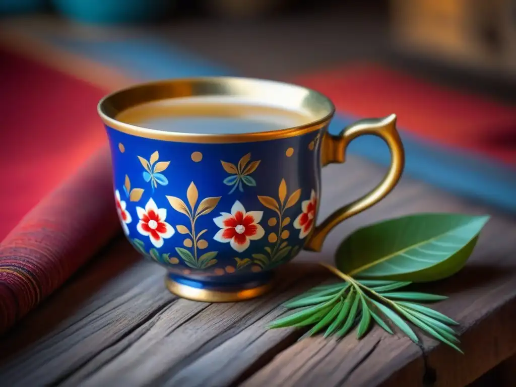 Una taza de té de arcilla pintada a mano, con detallados motivos florales en rojo, azul y dorado sobre una mesa de madera