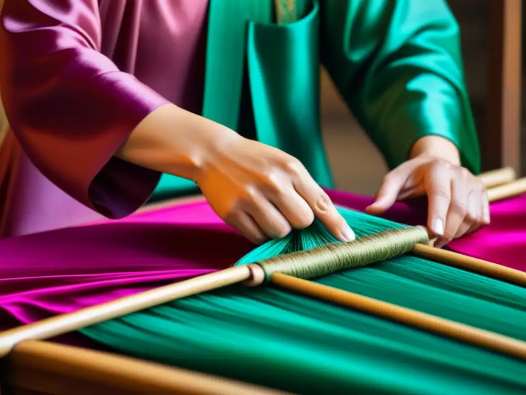 Artesanía milenaria: tejedora de seda china crea patrones vibrantes Una tejedora de seda china tradicional crea intrincados diseños en tela vibrante, capturando la historia y la tradición milenaria