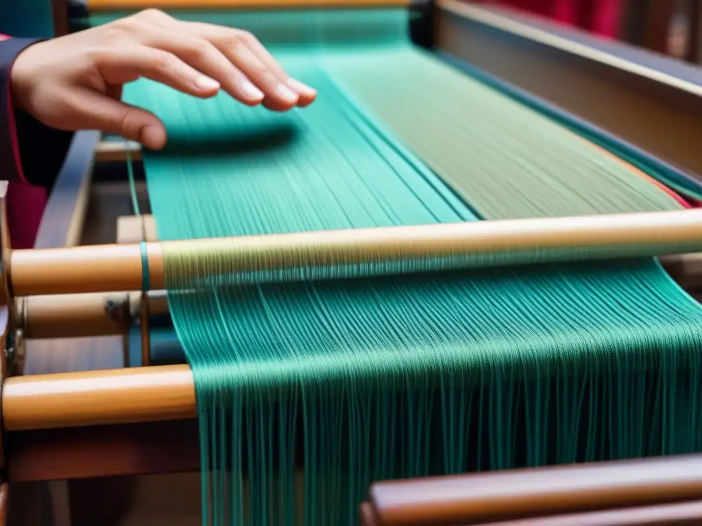 Arte ancestral: Telar de seda chino en acción Un telar de seda chino en acción tejiendo patrones intrincados con hilos de seda coloridos, resaltando la historia y tradición de la seda china