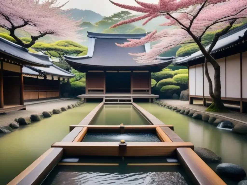 Un temizuya japonés rodeado de naturaleza exuberante y árboles de cerezo en flor, evocando la serenidad de los rituales de purificación en Japón