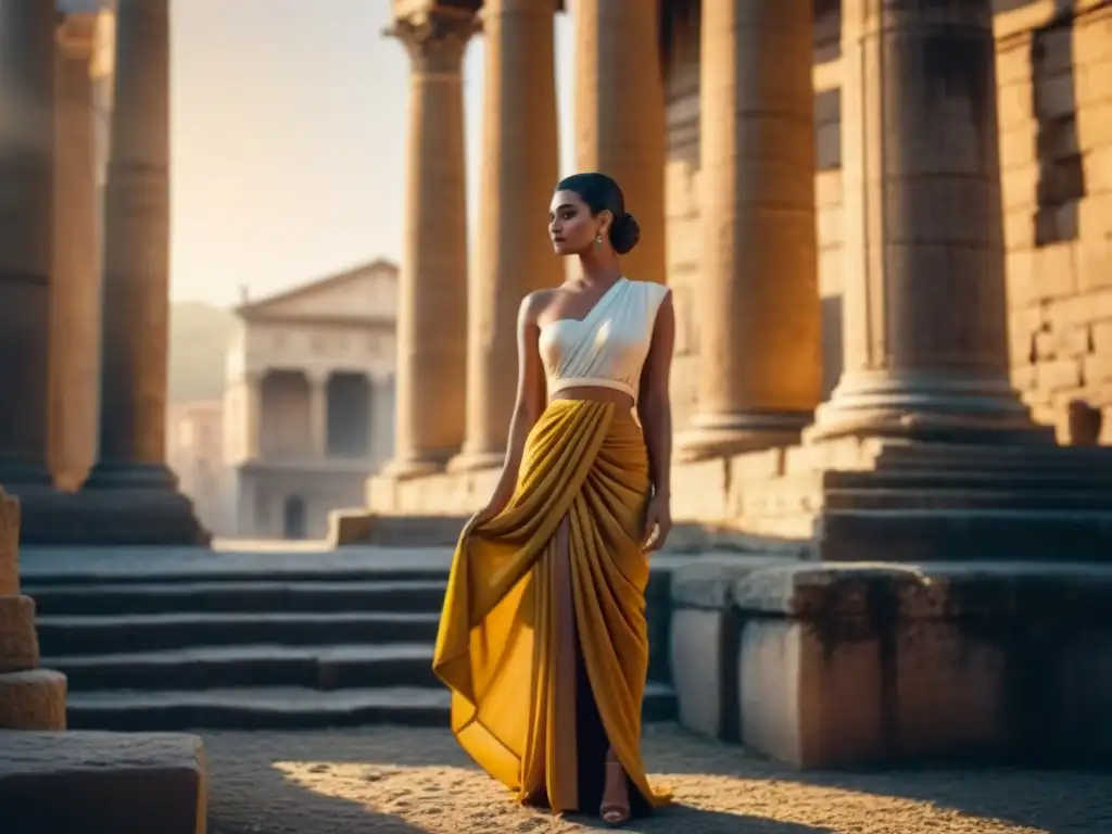 Una toga romana en maniquí destaca en ruinas antiguas al atardecer, mostrando la elegancia de la moda italiana a lo largo de los siglos