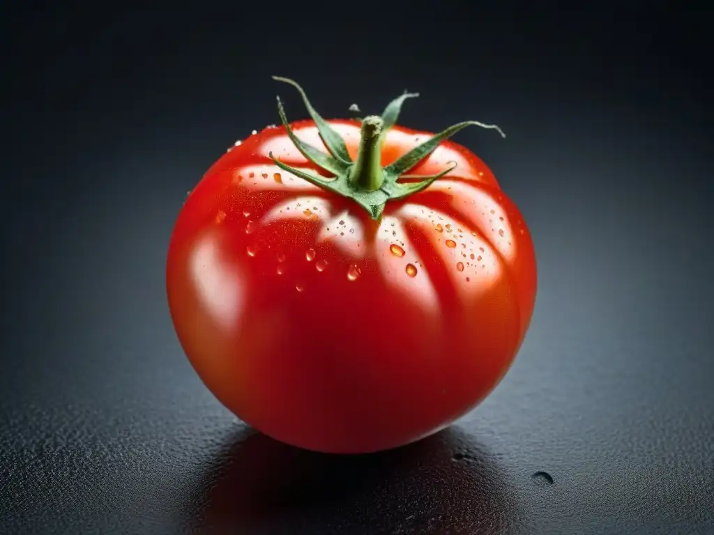 Tomate maduro brillante en fondo negro, cocina como resistencia cultural