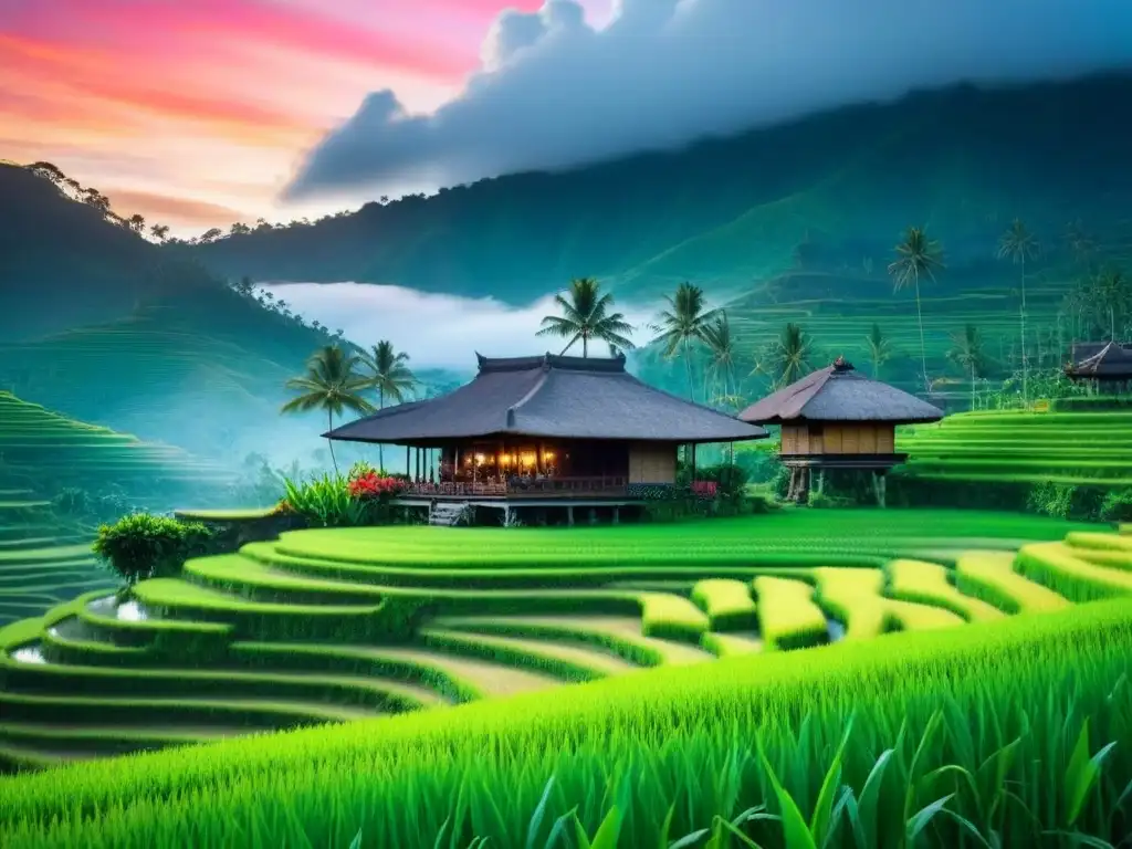 Un homestay tradicional balinés rodeado de exuberantes arrozales bajo un vibrante atardecer