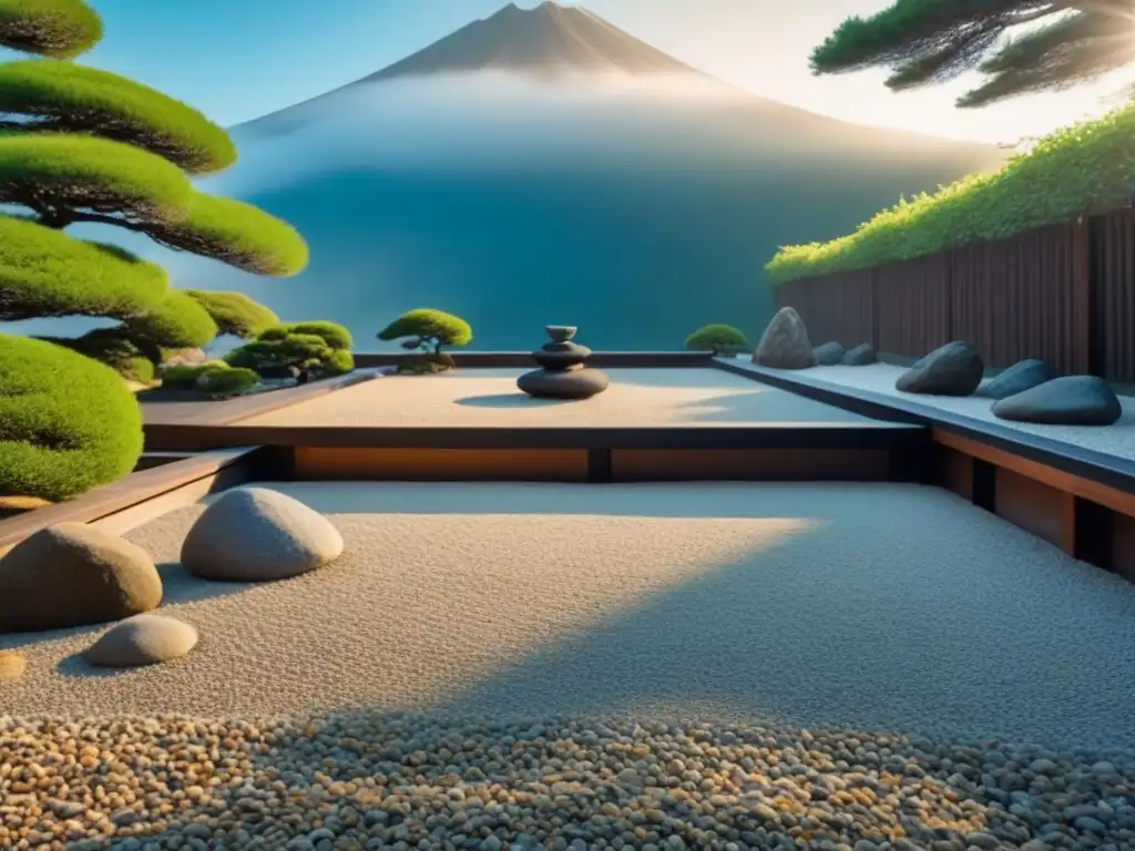 Un jardín japonés Zen tradicional con grava, rocas, árboles podados y estanque, invita a una inmersión espiritual en Budismo Zen