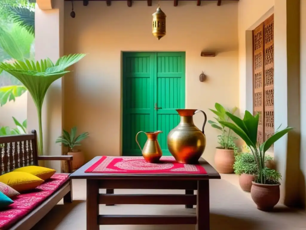 Courtyard tradicional en India con decoración Rajasthani vibrante, muebles de madera intrincados, textiles coloridos y plantas exuberantes