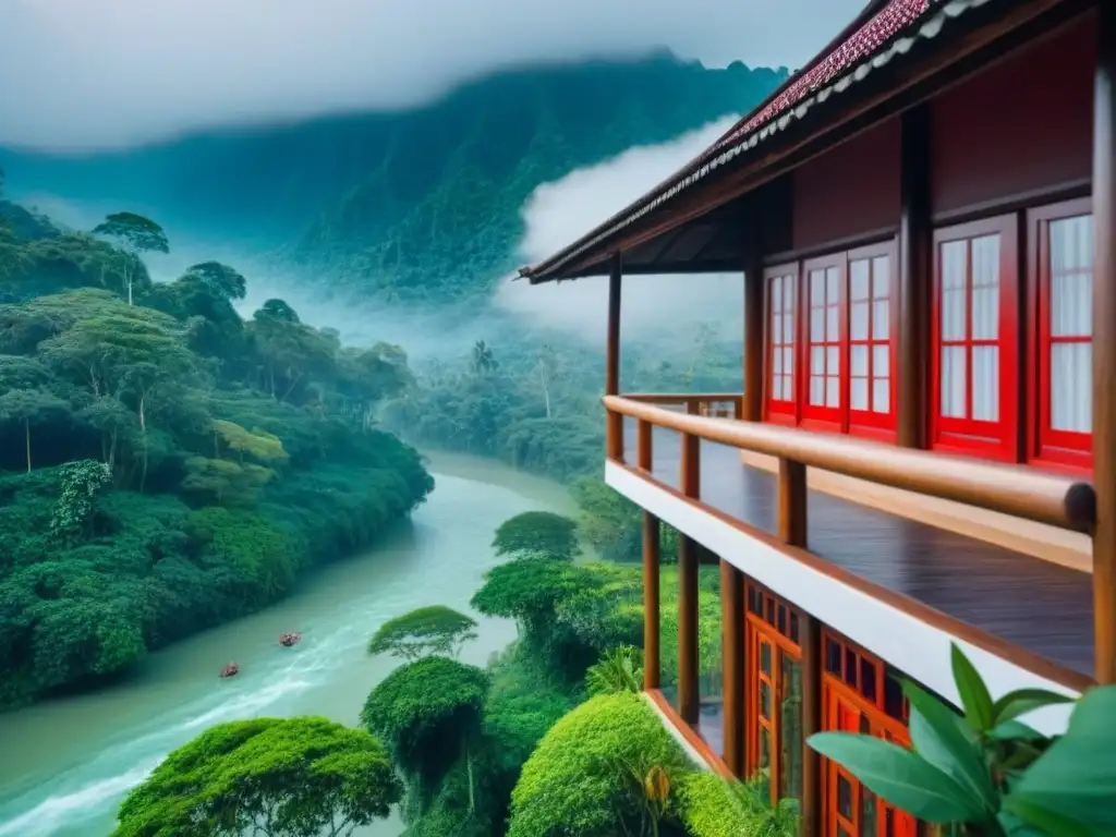 Refugio de madera en selva asiática: detalle y color en un entorno sereno Una homestay tradicional en la selva del Sudeste Asiático con detalles de madera y toques en rojo, rodeada de exuberante vegetación y un río sereno