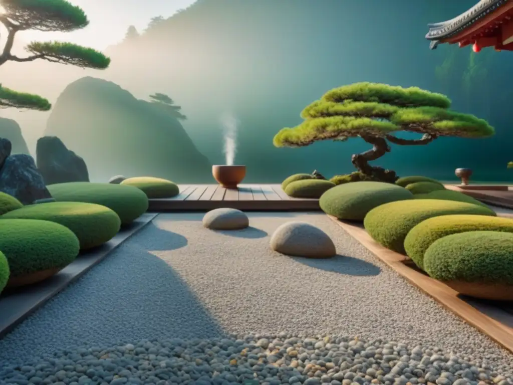 Tranquilidad y serenidad en un jardín de rocas japonés, reflejando la influencia global del minimalismo japonés en el arte