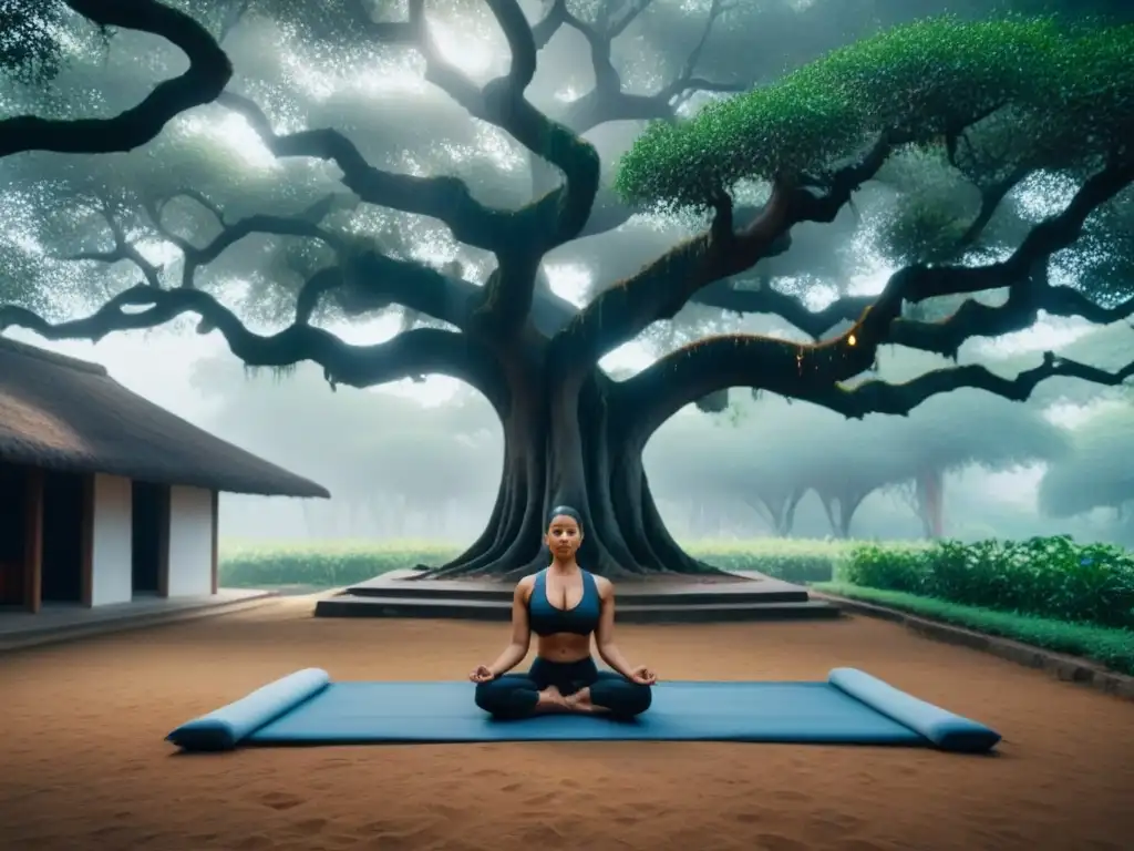 Un tranquilo ashram en la India con jardín exuberante y prácticas de yoga bajo un árbol banyan