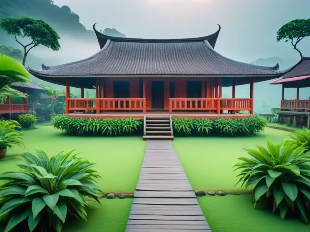 Alojamiento tradicional rodeado de naturaleza exuberante en Asia Un tranquilo homestay de madera rodeado de vegetación en un pueblo del Sudeste Asiático