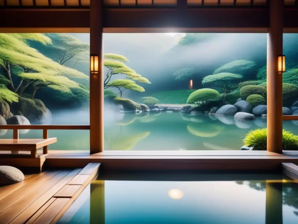 Tranquilo onsen japonés rodeado de vegetación, con arquitectura de madera y estanque, ideal para tratamientos spa culturales inmersión viajes