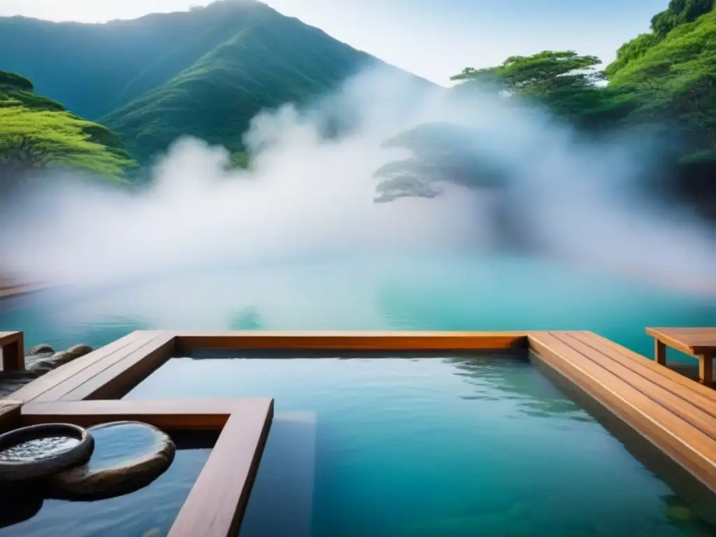 Un tranquilo onsen japonés rodeado de exuberante vegetación, evocando paz y relajación