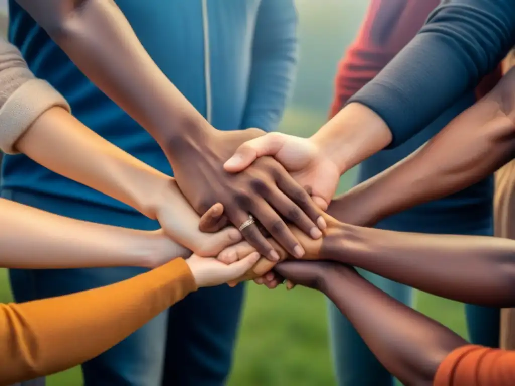 Unidad multicultural: manos entrelazadas en círculo Unidos en diversidad: personas de diferentes culturas y edades sostienen manos en círculo