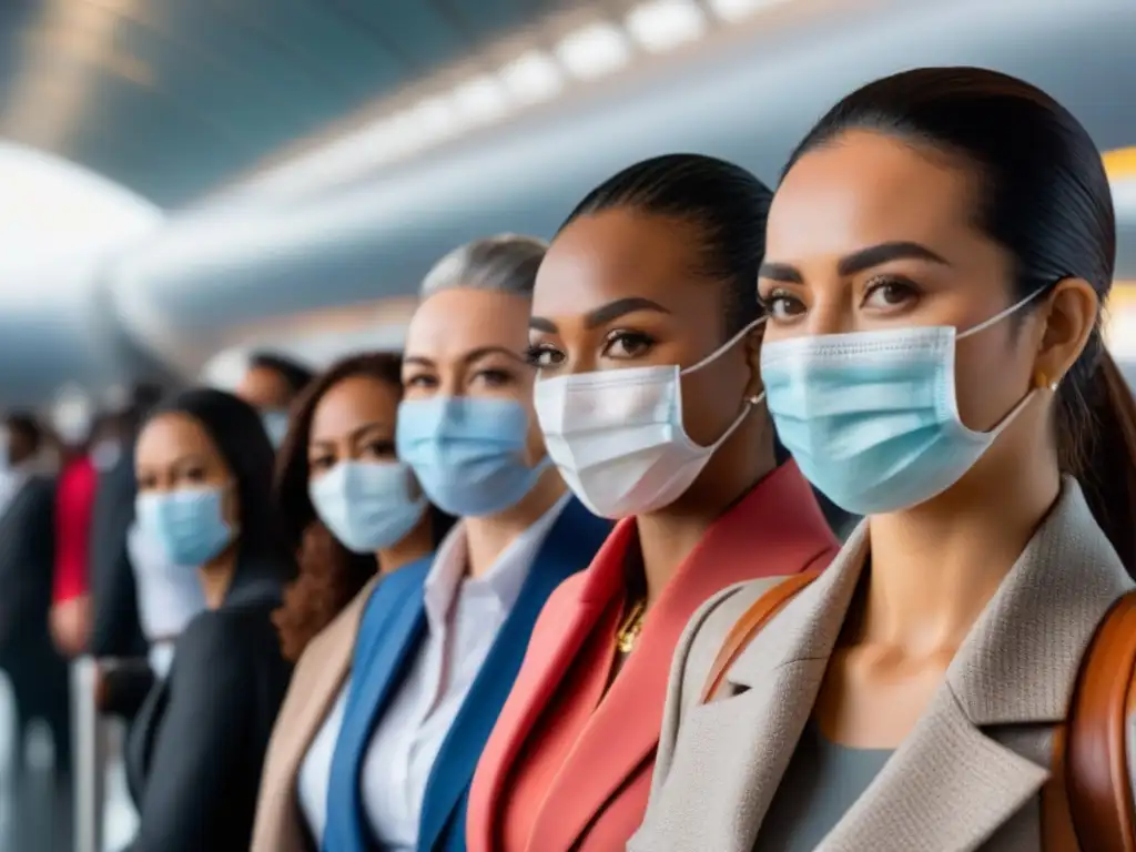 Embarque multicultural: unidos con máscaras en aeropuerto Unidos por la diversidad y la seguridad, viajeros con máscaras esperan en fila para abordar el avión