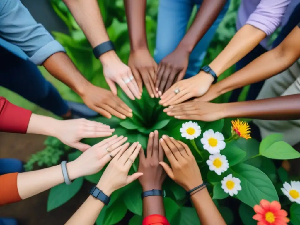 Voluntarios unidos por la comunidad: fuerza y solidaridad Unidos en solidaridad, voluntarios internacionales forman un círculo en una comunidad próspera