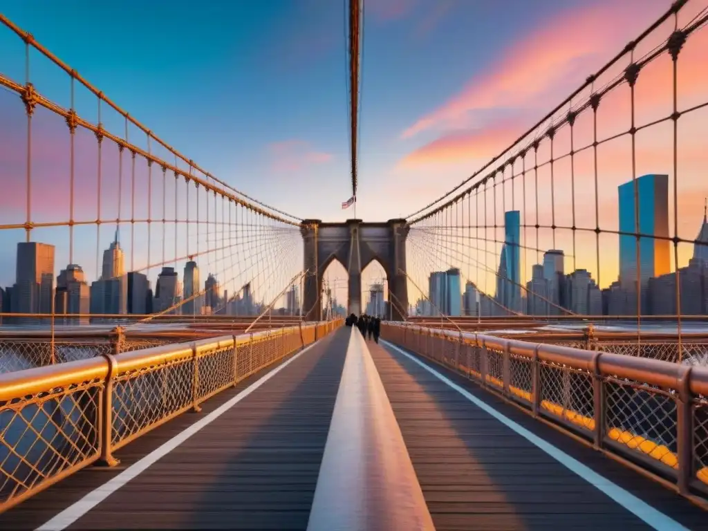 Fotografía urbana en Nueva York: Atardecer en el icónico Puente de Brooklyn con la ciudad iluminada al fondo