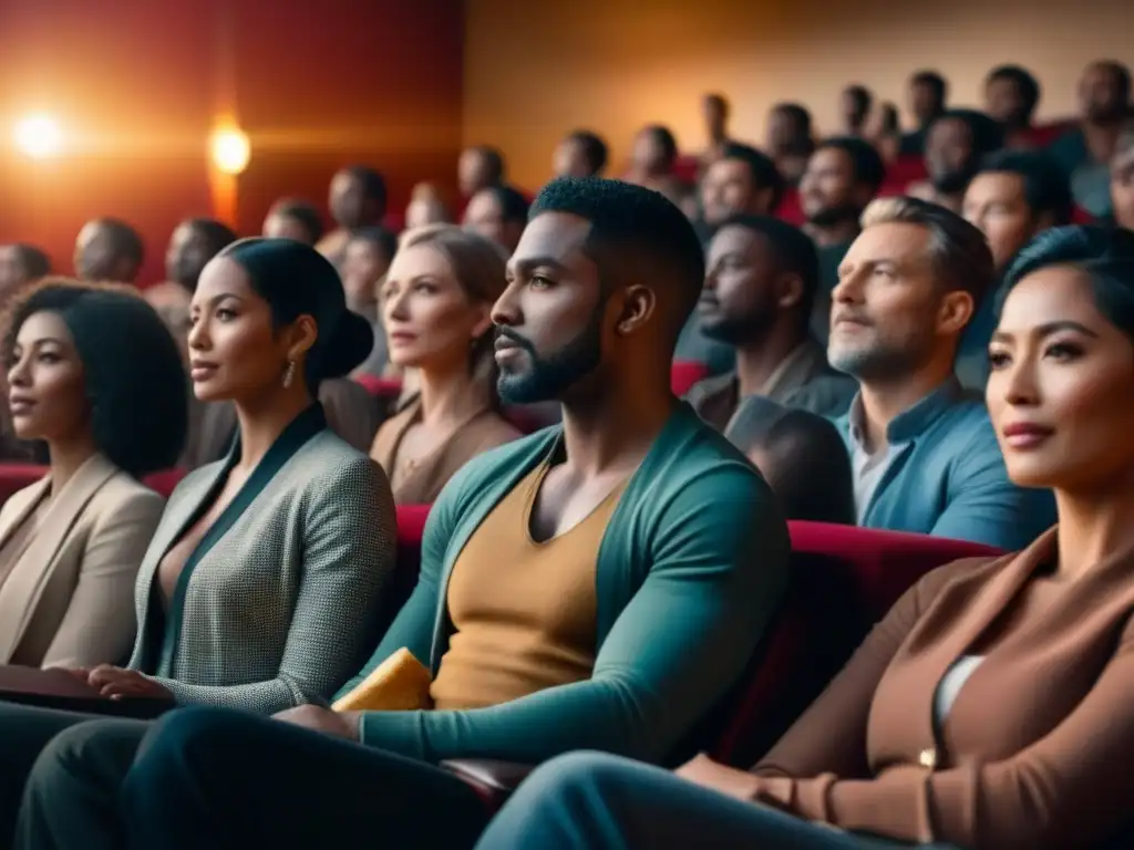 Emociones unidas: diversidad cultural en el cine Un variado grupo de personas de diferentes culturas y antecedentes, reunidos en un cine tenue