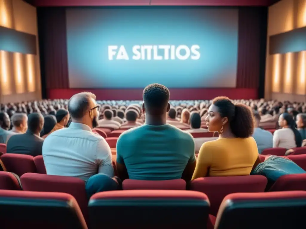 Emociones unidas: impacto cultural del cine financiado Un variado grupo de personas de distintas culturas y orígenes viendo una película impactante juntos en un cine