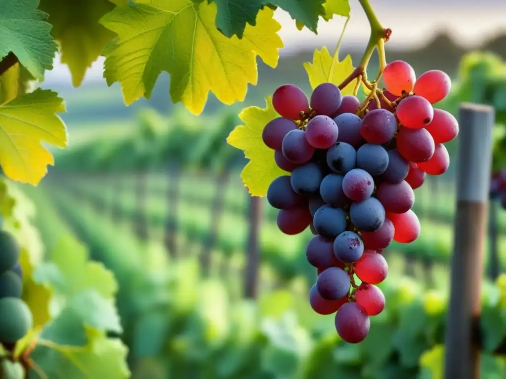 Variedades de uva menos conocidas: racimo de uvas rojas y moradas colgando de una vid entre colinas de viñedos, en luz suave y rocío brillante