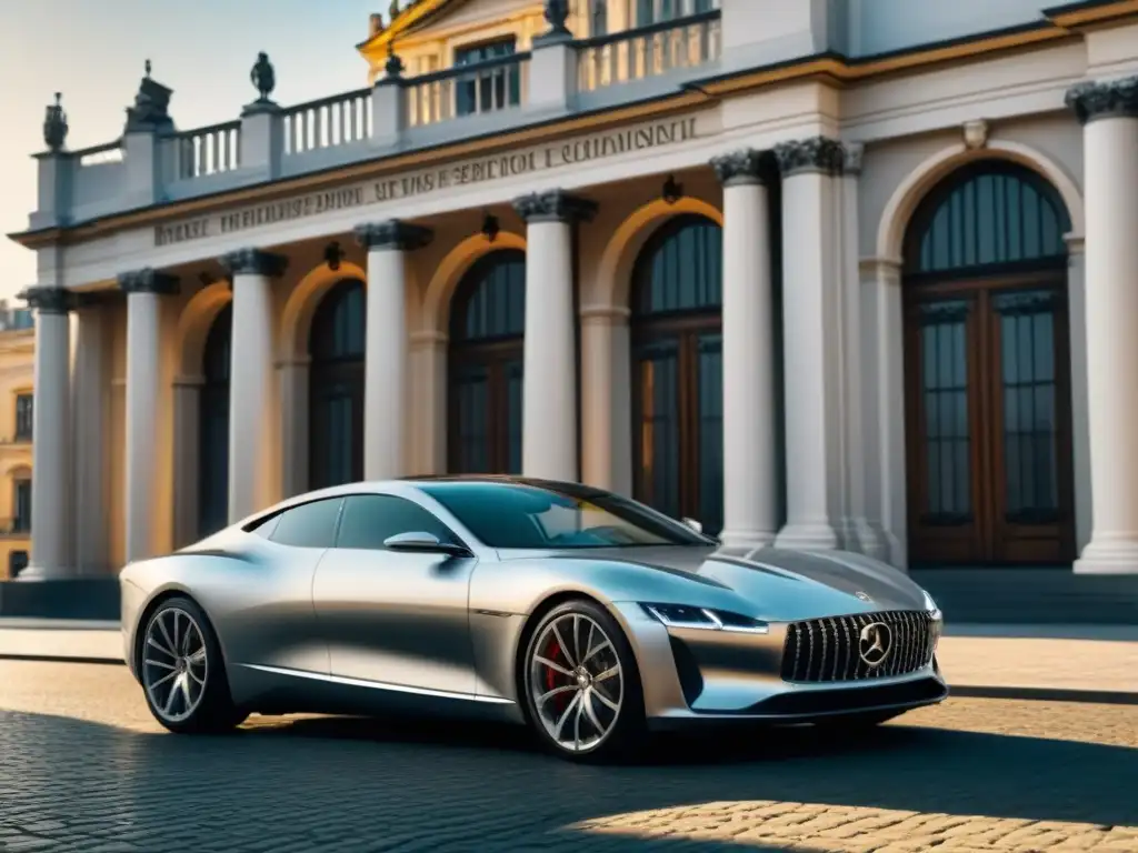 Coche de lujo frente a edificio histórico: contraste elegante en 8k Vehículo privado para aventura cultural: lujoso auto plateado frente a edificio europeo histórico detallado
