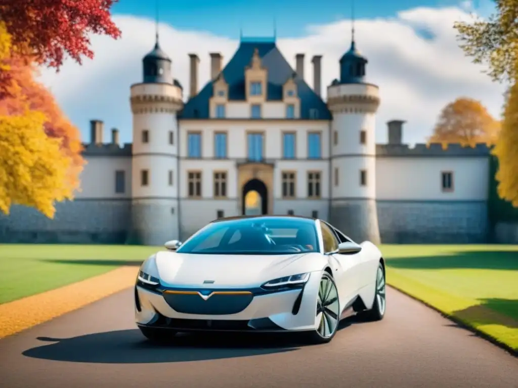 Coche eléctrico de lujo frente a castillo europeo en otoño Vehículo privado para aventura cultural: coche eléctrico de lujo frente a un castillo europeo histórico, rodeado de otoño vibrante