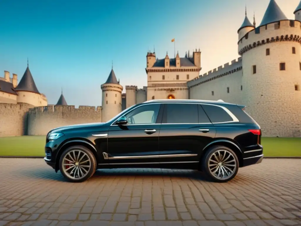 Lujo y aventura: SUV negro frente a castillo europeo Vehículo privado para aventura cultural: SUV negro de lujo frente a un castillo europeo histórico bajo un cielo azul