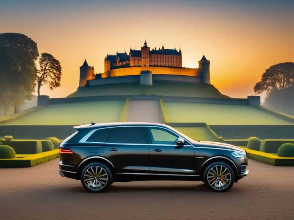 SUV negro de lujo frente a castillo europeo al atardecer Vehículo privado para aventura cultural: SUV negro de lujo frente a un castillo europeo al atardecer, con una cálida luz dorada