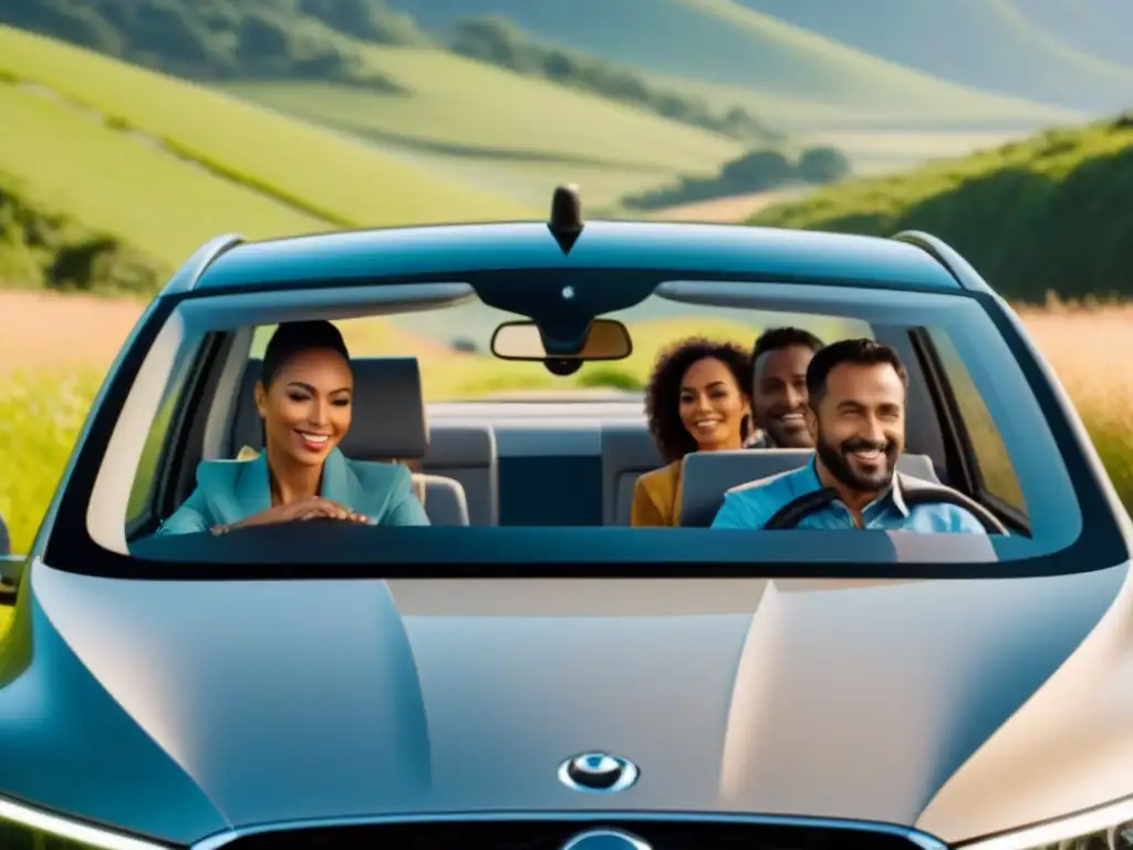 Viaje en comunidad: diversidad y sostenibilidad en carpooling Un viaje armonioso en coche compartido, mostrando diversidad de edades y etnias en un vehículo ecoamigable