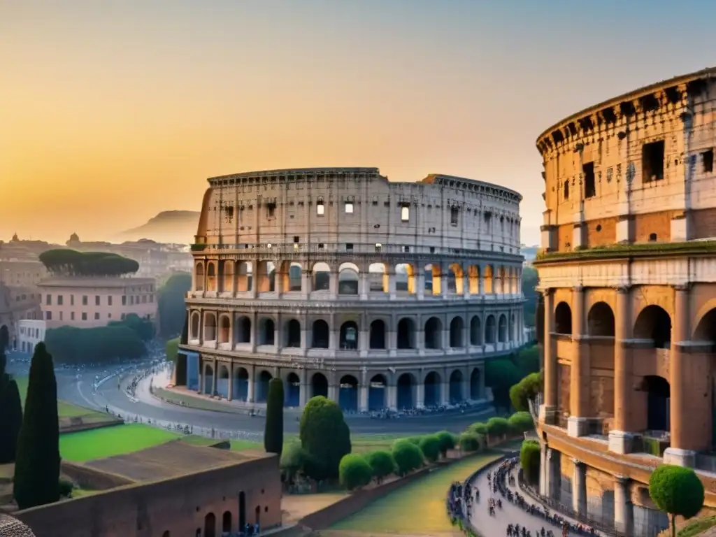 Viaje cultural de lujo Italia: Atardecer dorado sobre el Coliseo de Roma, con detalles arquitectónicos resaltados y figuras admirando la vista