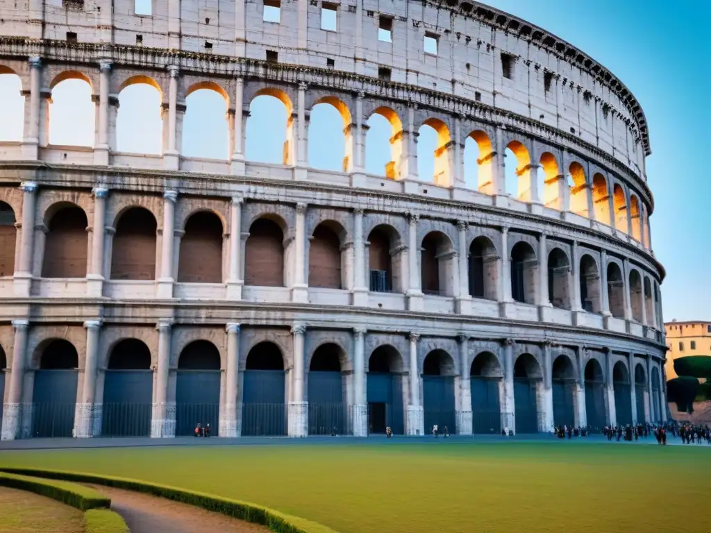 Viaje cultural de lujo Italia: Amanecer dorado en el majestuoso Coliseo de Roma, destacando su arquitectura histórica