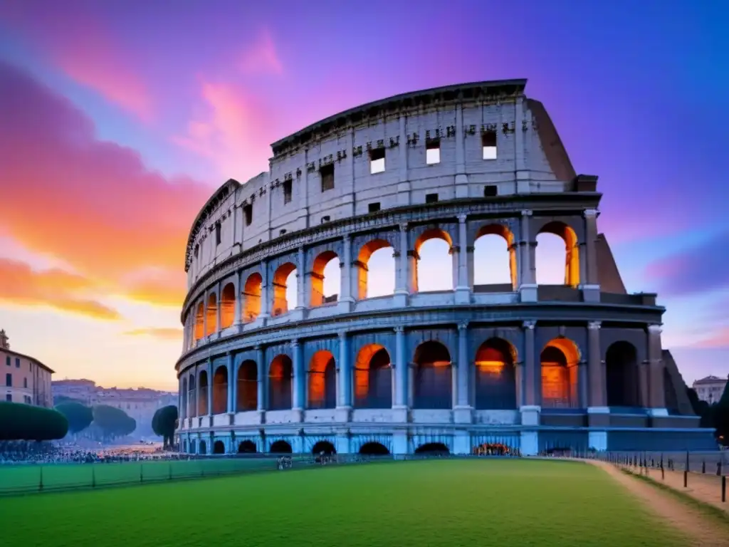 Viaje cultural de lujo Italia: Atardecer en el Coliseo romano, bañado por tonos cálidos en un paisaje sereno y majestuoso