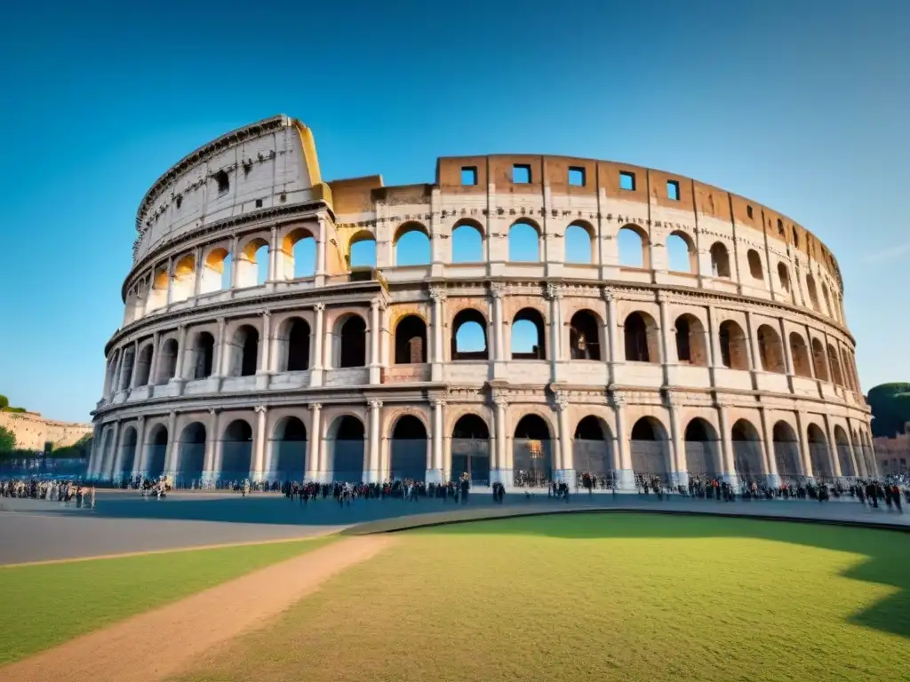 Viaje cultural de lujo Italia: Coliseo romano histórico bajo cielo azul, resaltando su arquitectura simétrica y detalles únicos