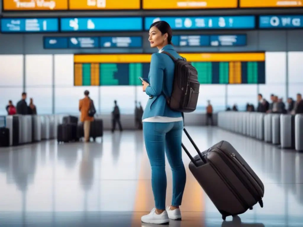 Viajero en aeropuerto moderno con app de finanzas, evitando errores financieros viajes