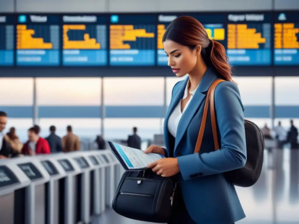 Viajero en aeropuerto con vuelos cancelados, tranquilidad y preocupación