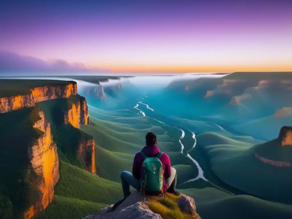 Explorador contempla atardecer en paisajes diversos Un viajero contempla un atardecer en un acantilado, con paisajes diversos