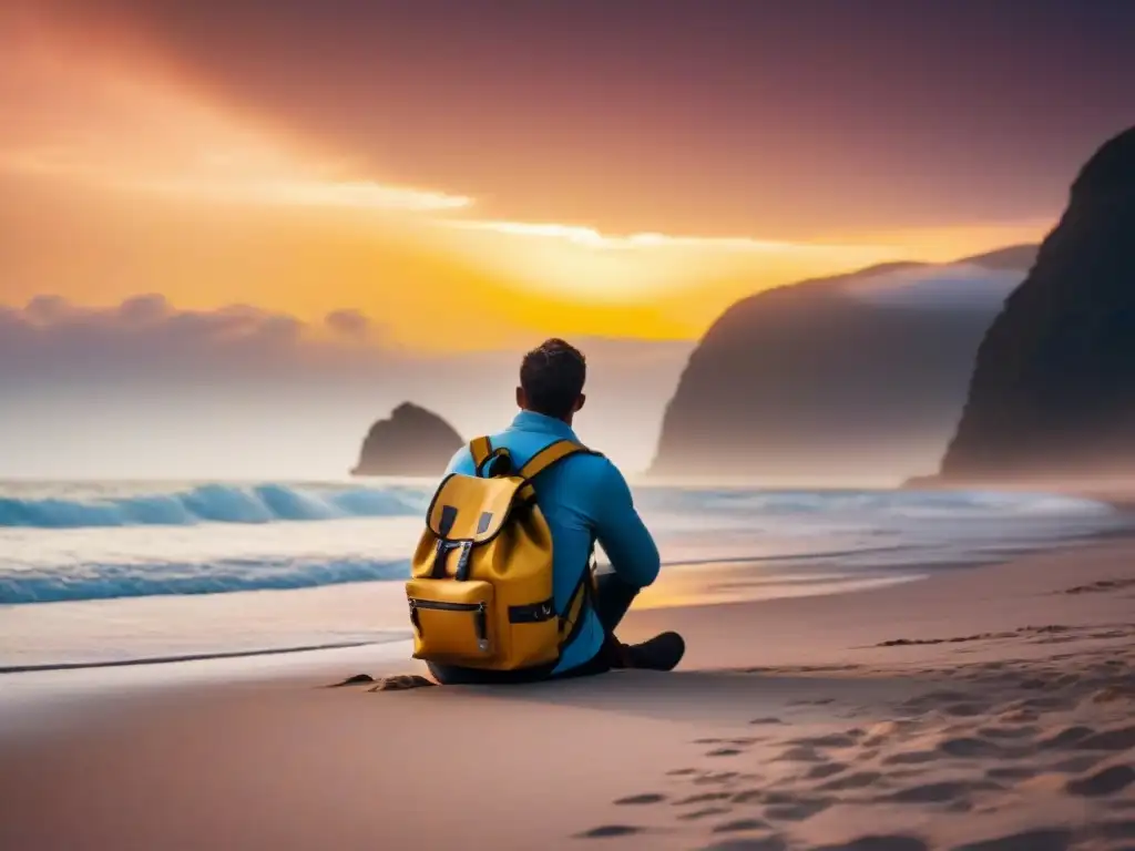 Viajero en playa al atardecer: paz y serenidad Un viajero contempla el atardecer en una playa solitaria, simbolizando las finanzas de viaje cultural