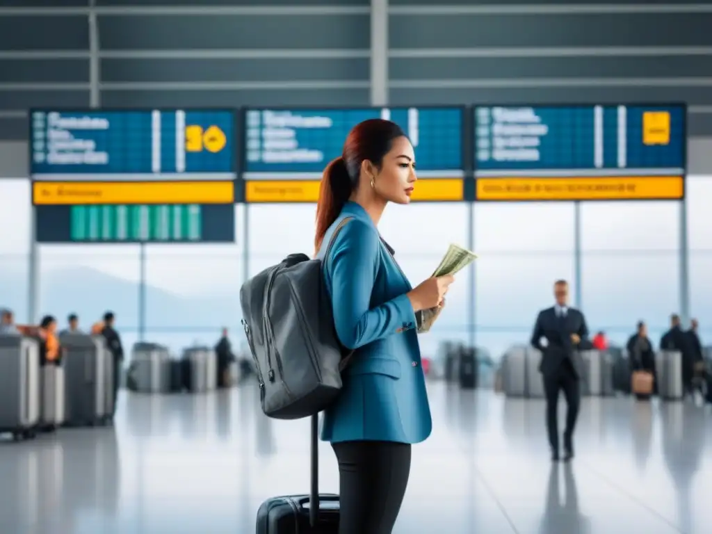Viajero confundido en aeropuerto, rodeado de símbolos monetarios