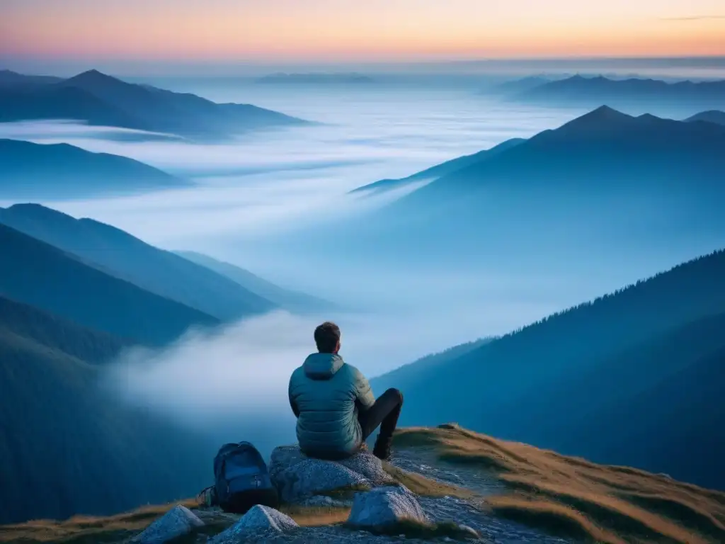 Un viajero contemplativo en la cima de una montaña al amanecer, rodeado de valles brumosos y picos distantes