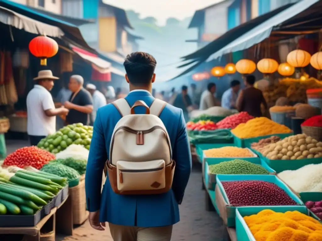 Un viajero con un empaque sostenible recorre un mercado callejero lleno de vida en un país extranjero