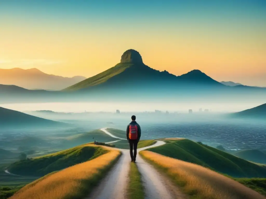 Viajero en la encrucijada entre homestay y ciudad, simbolizando experiencias de homestays enriquecedoras