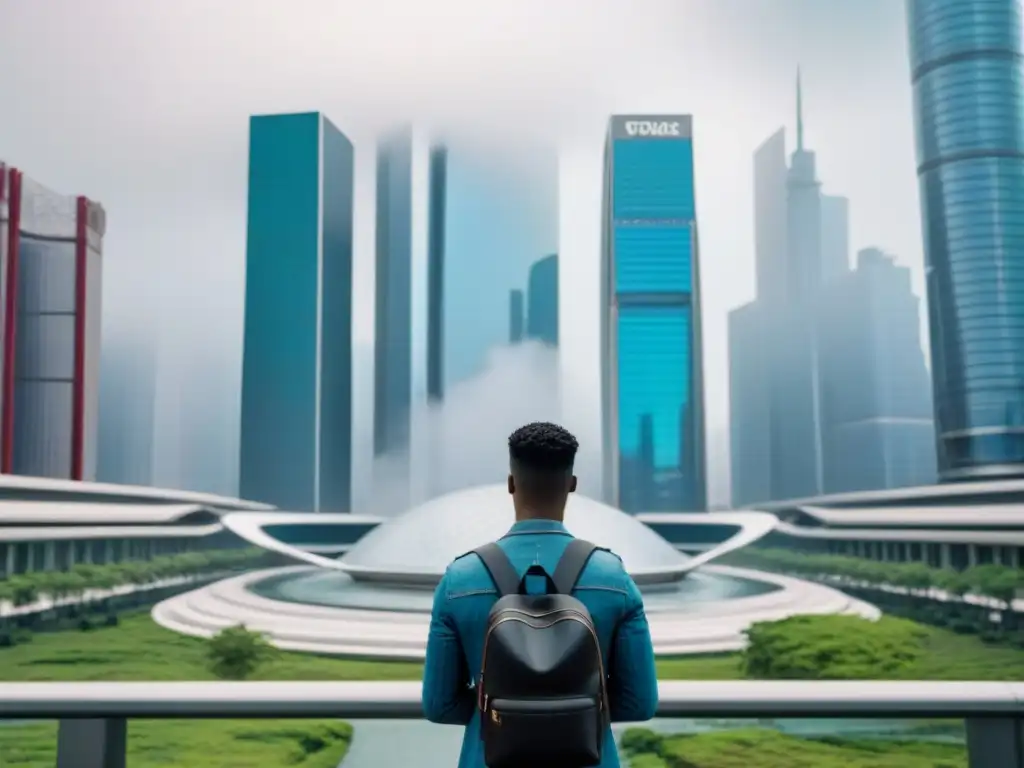 Viajero del Futuro: Finanzas y Cultura en Armonía Un viajero frente a un centro financiero futurista, fusionando arquitectura moderna con elementos culturales
