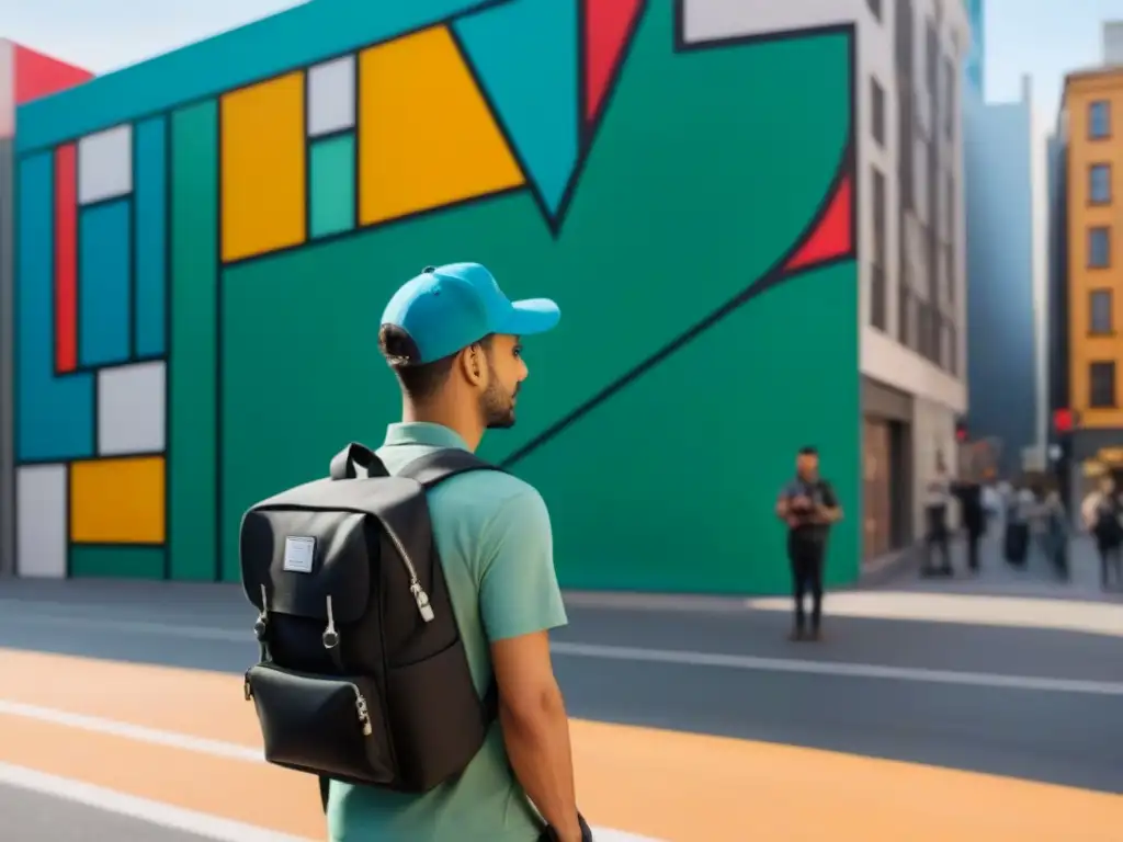 Un viajero frente a una colorida obra de arte callejero en una ciudad, con mochila