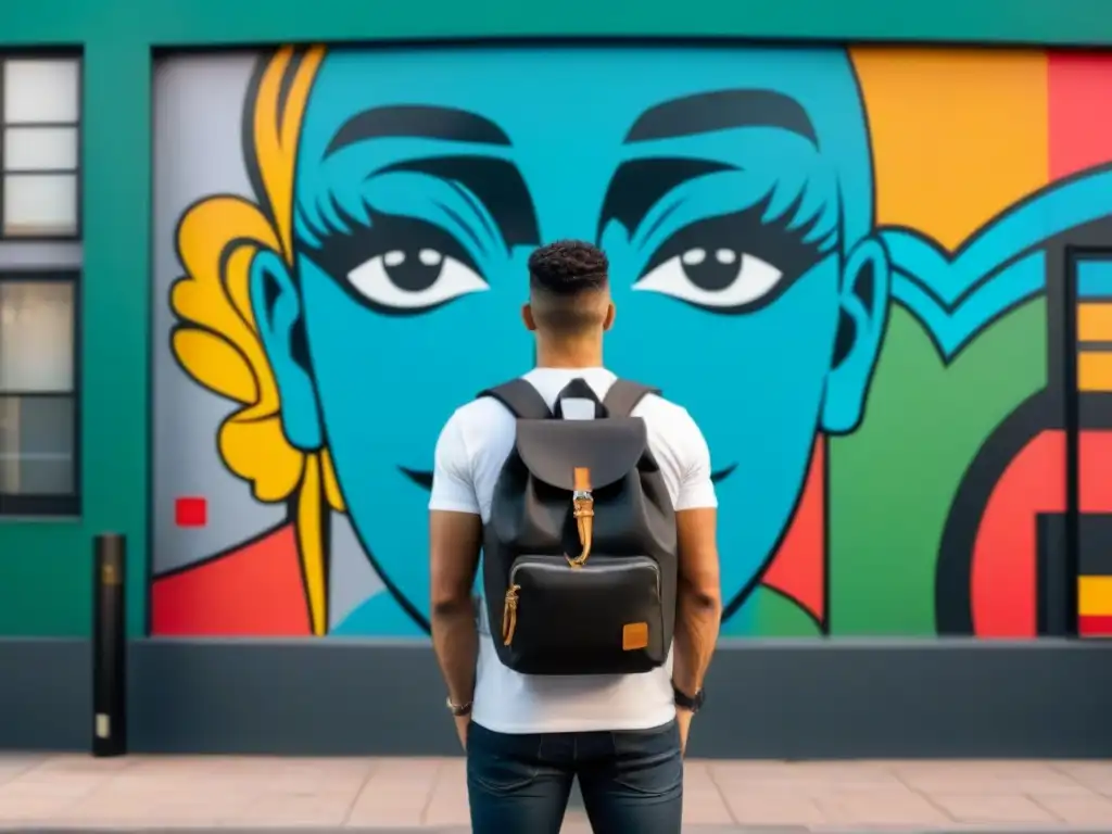 Un viajero frente a mural urbano vibrante: fusión de arte y experiencias de viaje