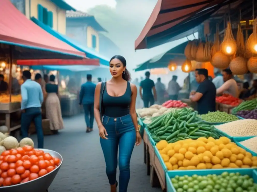 Viajero inmerso en un mercado local, rodeado de arte y artesanos, reflejando la inmersión cultural a través del arte