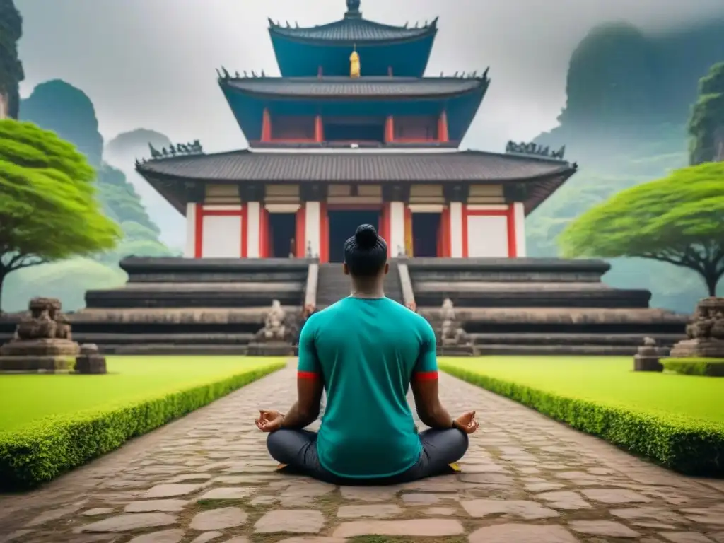 Viajero contemplativo en templo antiguo Un viajero contempla la majestuosidad de un antiguo templo entre la exuberante vegetación y decoraciones culturales, fusionando finanzas y experiencias de viaje cultural