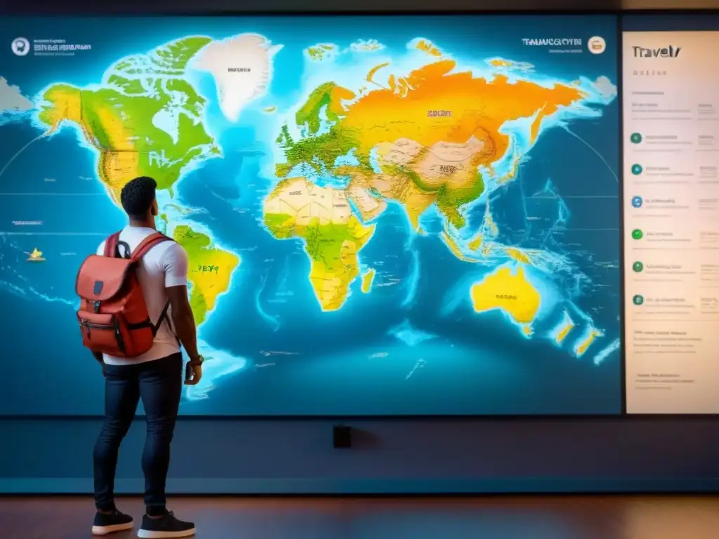 Explorador maravillado ante mapa interactivo Un viajero admirando un mapa interactivo con landmarks culturales