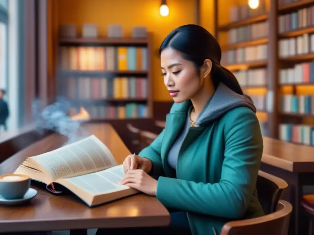 Viajero moderno inmerso en cultura en acogedor café Un viajero moderno inmerso en una cafetería acogedora, rodeado de libros, mapas y café caliente, disfrutando de una guía cultural