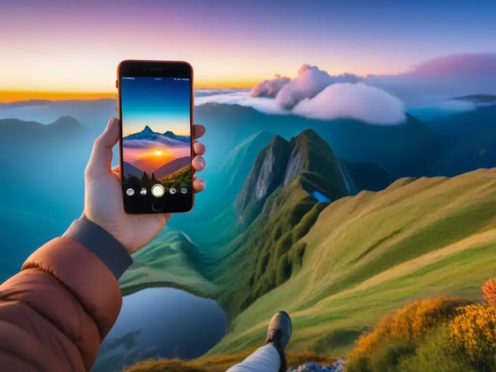 Un viajero moderno capturando la majestuosidad de la naturaleza al amanecer con su smartphone